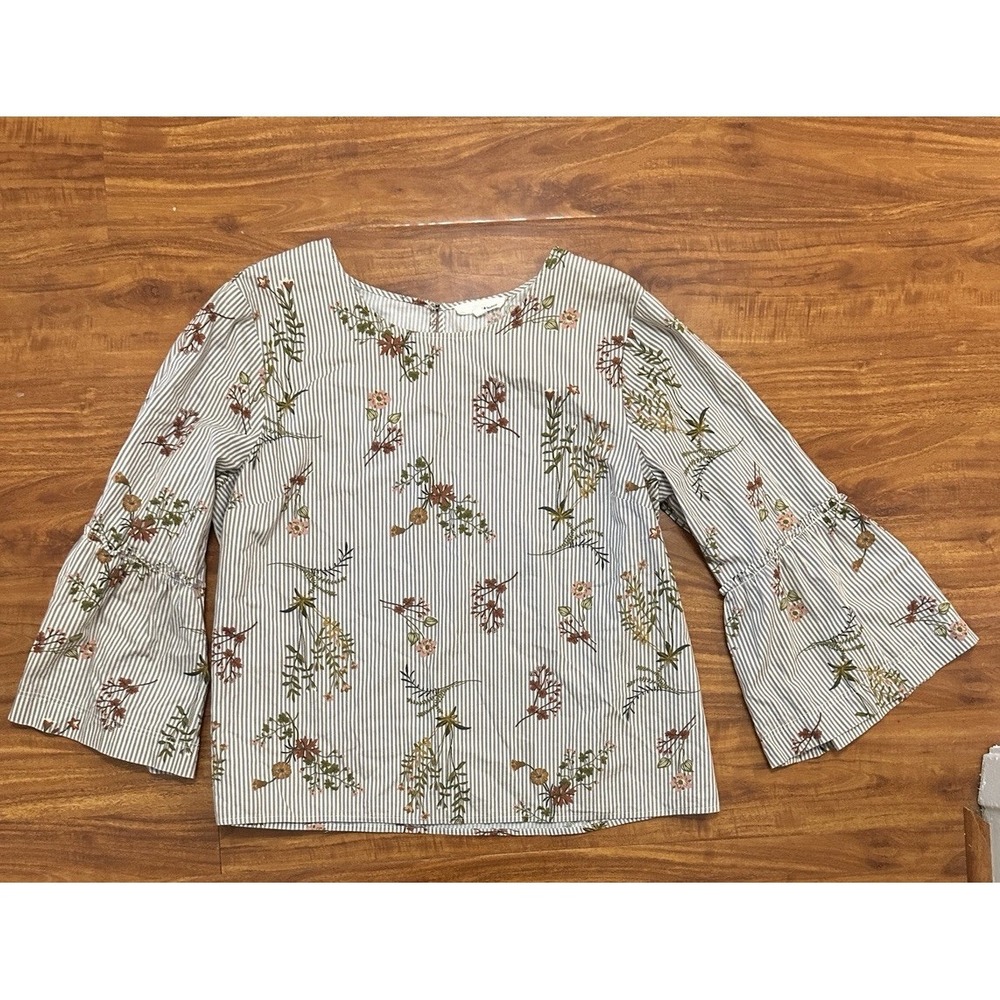 June & Hudson Blouse Top Striped Floral Structured Bell 3/4 Sleeve Luxury Sz XL